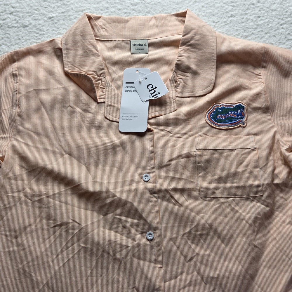 Florida Gators Shirt Womens Large Beige NCAA Football Chicka-d Button Front